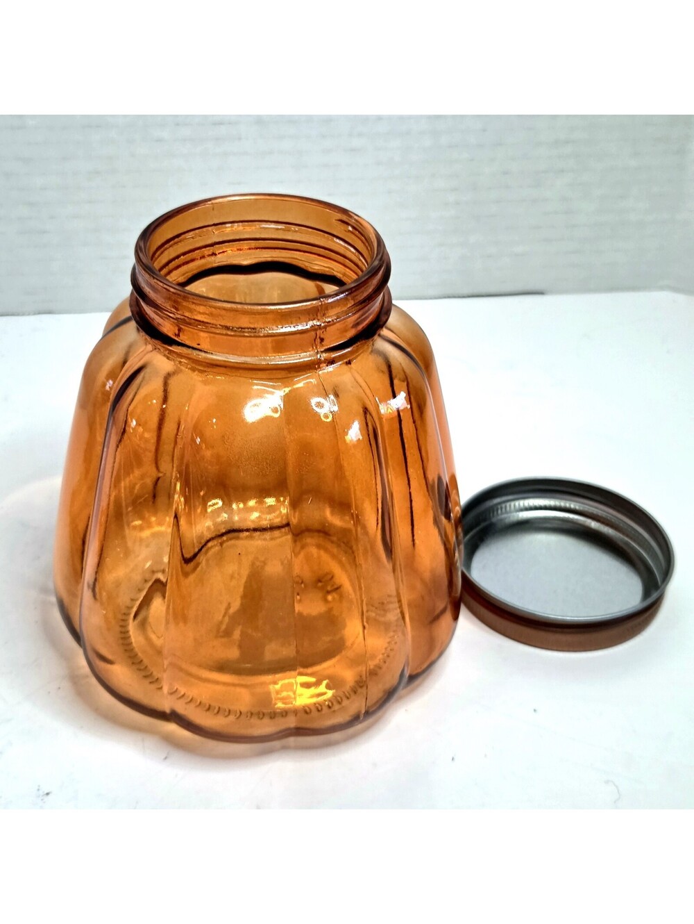 Orange Pumpkin Shaped Glass Jar w/ Rose Gold Lid 4.5 in. x 5 in. Fall Decor